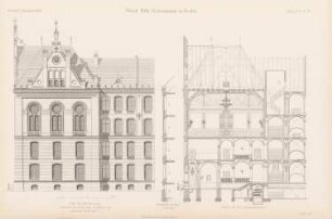 Friedrich-Wilhelm-Gymnasium, Berlin: Westansicht, Längsschnitt (aus: Atlas zur Zeitschrift für Bauwesen, hrsg. v. Ministerium der öffentlichen Arbeiten, Jg. 43, 1893)