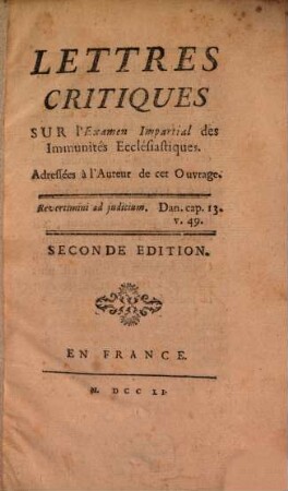 Lettres critiques sur l'examen impartial des immunités ecclésiastiques