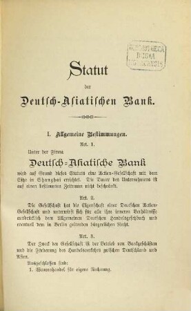 Statut der Deutsch-Asiatischen Bank in Shanghai vom 14. Februar 1889 : [Umschlagtitel.]