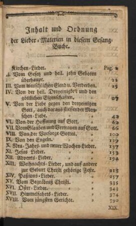 Inhalt und Ordnung der Lieder-Materien in diesem Gesang-Buche.