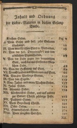 Inhalt und Ordnung der Lieder-Materien in diesem Gesang-Buche.