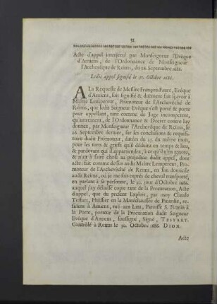 ...M. l`Evêque d`Amiens, de l`Ordonnance de M. l`Archevêque Duc de Reims, du 26. Septembre 1686.