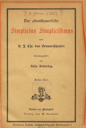 Grimmelshausens Werke. 1, Der abentheuerliche Simplicius Simplicissimus ; Bd. 1