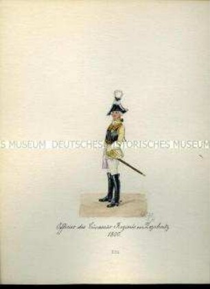 Uniformdarstellung, Offizier des Kürassier-Regiments "von Zezschwitz", 1800. Aus: Sammelmappe "Sachsens Militär", Königliche Arsenalsammlung.