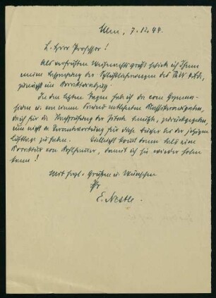 Korrespondenz mit Prof. Erwin Nestle (1944)