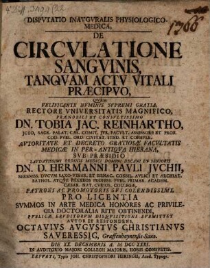 Disp. ... de circulatione sanguinis, tanquam actu vitali praecipuo