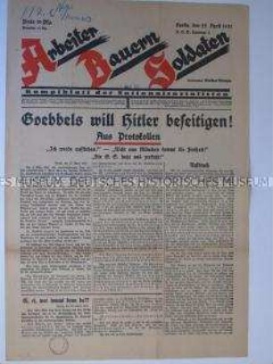 Oppositionelles NSDAP-Blatt "Arbeiter Bauern Soldaten" u.a. über angebliche Differenzen zwischen Hitler und Goebbels ("Goebbels will Hitler beseitigen")