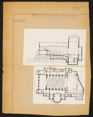 Stadttheater großes Haus, Teplice: Grundriss und Längsschnitt