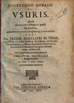 Dissertatio Moralis De Vsuris