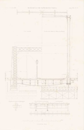 Weichselbrücke, Graudenz: Ansicht von der Stirnseite, Schnitt, Details (aus: Atlas zur Zeitschrift für Bauwesen, hrsg. v. G. Erbkam, Jg. 32, 1882)