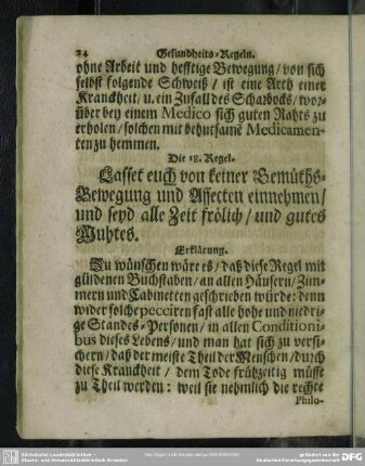 Die 18. Regel. Lasset euch von keiner Gemüths-Bewegung und Affecten einnehmen, und seyd alle Zeit frölich, und gutes Muthes