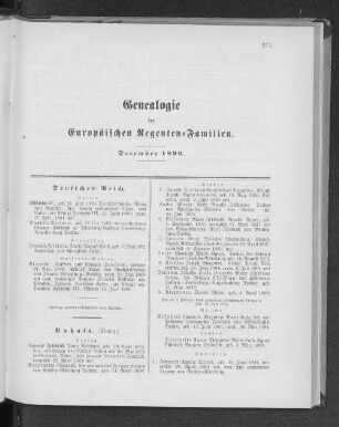 Genealogie der Europäischen Regenten-Familien. December 1896.