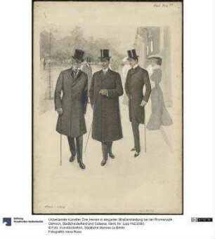 Drei Herren in eleganter Straßenkleidung bei der Promenade: Gehrock, Stadtchesterfield und Cutaway