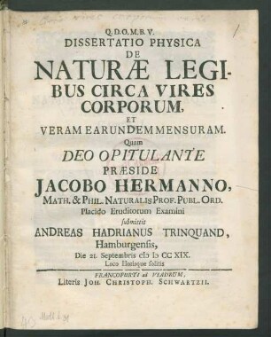 Dissertatio Physica De Naturæ Legibus Circa Vires Corporum, Et Veram Earundem Mensuram