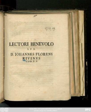 Lectori Benevolo S. P. D. D. Iohannes Florens Rivinvs Cod. P. P.