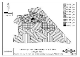 Yield-Map with Class-Width of 0.5 t/ha (Scheyern 1991) (Flachfeld 17.1 ha, W-Wheat, SEL-GLOBOS LH2000, Flowmeter, 12./13.8.1991)