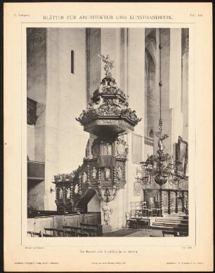 Jacobikirche, Stettin: Innenansicht Kanzel (aus: Blätter für Architektur und Kunsthandwerk, 10. Jg., 1897, Tafel 106)