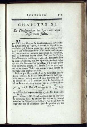 Chapitre XI. De l'intégration des équations aux différences finies.