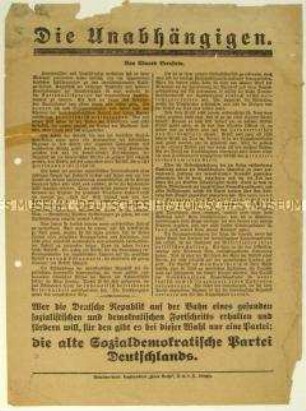 Flugblatt der SPD gegen die USPD und Aufruf zur Reichstagswahl 1920