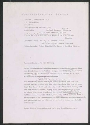 Nationaltheater, München Wiederaufbau: Schriftstück zu Voraussetzungen für die Planung (mehrseitig)
