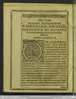 Rector Academiae Wittenbergensis, Ambrosius Rhodius, Philosophiae Et Medicinae D. & Mathematum Superiorum Professor publicus, Civibus Academis S.