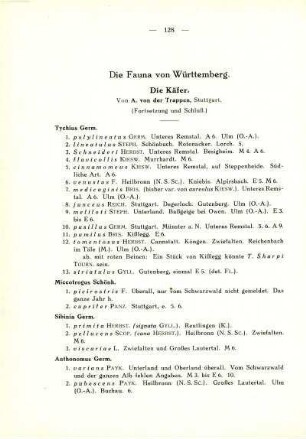 Die Fauna von Württemberg. Die Käfer. (Fortsetzung und Schluß)