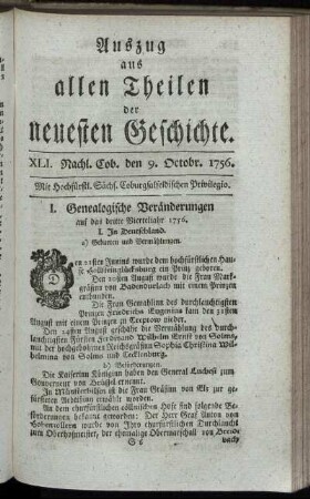 XLI. Nachl. Cob. den 9. Octobr. 1756.