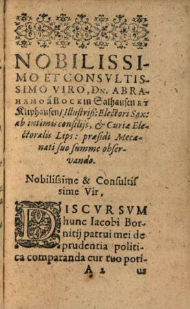 Jacobi Borniti J. u. D. Discursus Politicus de Prudentia Politica Comparanda