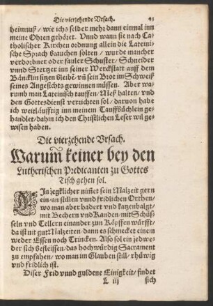 Die vierzehende Ursach. Warumb keiner bey den Lutherischen Predicanten zu Gottes Tisch gehen sol.