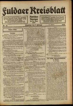 Erste Ausgabe vom Samstag, den 08. Februar 1919.