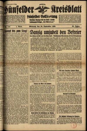 Erste Ausgabe vom Mittwoch, den 20. September 1939.