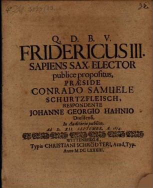 De Friderico III. Sapiente, Sax. Elect. disp.