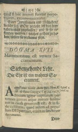Dogma XVII. Matrimonium est verum Sacramentum. Siebenzehende Lehr. Die Ehe ist ein wahres Sacrament.