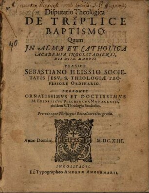 Disputatio Theologica De Triplice Baptismo