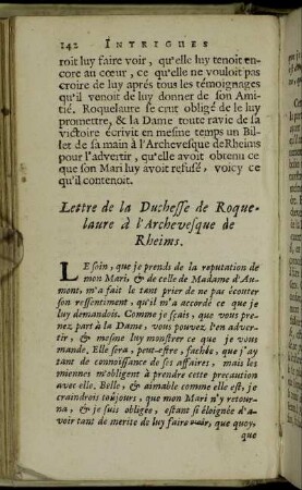 Lettre de la Duchesse de Roquelaure à l'Archevesque de Rheims.
