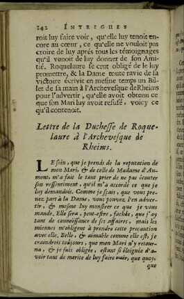 Lettre de la Duchesse de Roquelaure à l'Archevesque de Rheims.