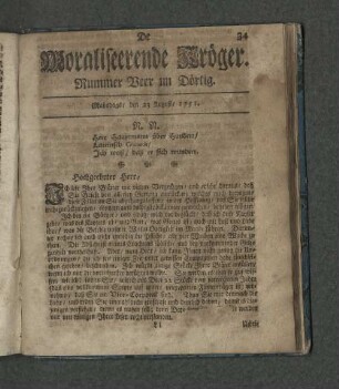 Nummer Veer un Dörtig. Mahndags den 23. August 1751