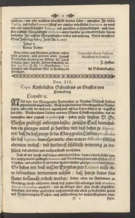 Num. XIX. Copia Keyserlichen Schreibens an Graffen von Cronenburg.