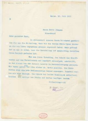 Brief an Fritz Jürgens : 10.07.1911