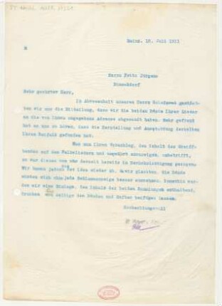 Brief an Fritz Jürgens : 10.07.1911