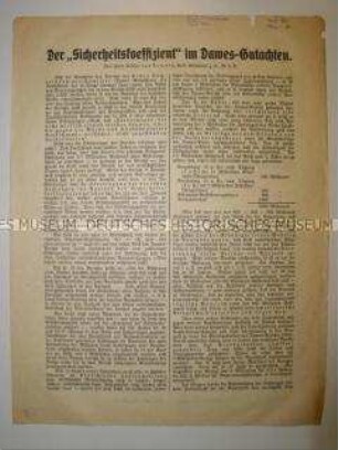 Sonderdruck mit einem Aufsatz eines Reichstagsabgeordneten zum Dawes-Plan
