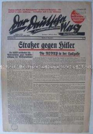 Wochenzeitung der NSDAP-Opposition "Der deutsche Weg" u.a. zum Verhältnis zwischen Hitler und Gregor Strasser und zur Lage in der Sowjetunion