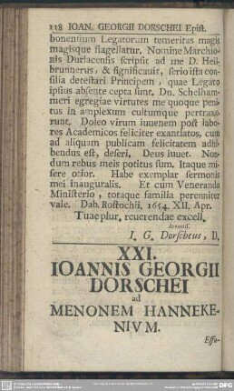 XXI. Ioannis Georgii Dorschei ad Menonem Hannekenium