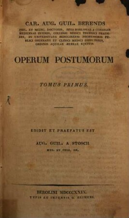 Car. Aug. Guil. Berends Operum postumorum, 1. Lectiones de morbis tabificis
