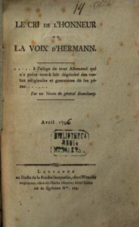 Le Cri de l'honneur ou la Voix d'Hermann