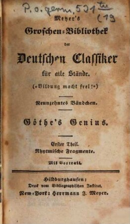 Göthe's Genius. 1, Rhytmische Fragmente : mit Portrait