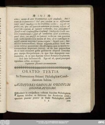 Oratio Tertia In Promotione solenni Philosophiae Candidatorum habita.