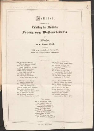 Festlied gesungen bei der Enthüllung des Standbildes Lorenz von Westenrieders zu München den 1ten August 1854