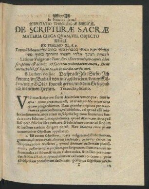 Disputatio Theologiae Biblicae, De Scripturae Sacrae Materia Circa Quam, Vel Obiecto Reali.