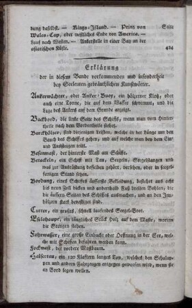 Erklärung der in diesem Bande vorkommenden und insonderheit bey Seeleuten gebräuchlichen Kunstwörter